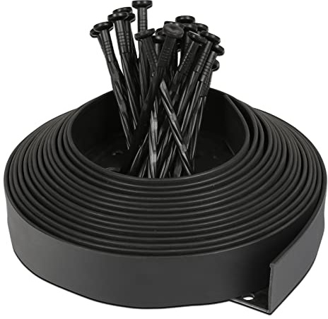 Randaco Bordure de pelouse flexible en plastique avec 30 piquets d'ancrage pour l'ancrage, bordure de parterre flexible, barrière ronde, longueur 10 m, hauteur 5 cm, noire