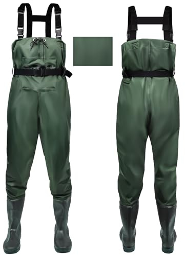 IEEILULU Waders Peche Homme, Waders Pantalons de Pêche avec Poche Poitrine, Pantalons de Waders Nylon avec Bottes 40-47, Waders Peche Antidérapants Cadeau pour Amateurs de Pêche e Sportive (Vert, 44)