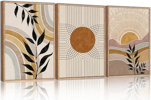TOARTi Boho Framed Canvas Wall Art Prints, Set of 3 Mid Century Modern Wall Decor, Nature Plants Desert Sun Art Paintings, Bohemian Artwork for Living Room, Bedroom, Dining Room, Office - 12x16 x3