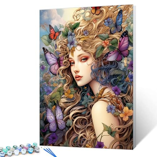 Elegant Angel Picture Paint by Numbers Kits Canvas Colorful Butterfly DIY Digital Oil Painting for Adults Students Beginners with Brushes and Acrylic Pigment for Home Decor Gifts 16x20In (Frameless)