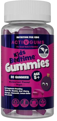 Kid's Bedtime 30 Vegan Gummies | Blackcurrant Flavour | Melatonin & 5HTP Free Contains Vitamin B6, Montmorency Cherry, Chamomile | Resealable & Recyclable Pouch | Suitable for Ages 5+ by ActivGums®