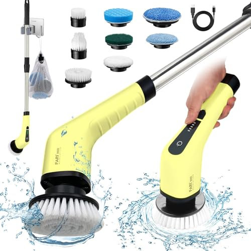 Elektrische Reinigungsbürste, FARI Duschreinigungsbürste mit 8 Austauschbaren Bohrbürstenköpfen, Kabelloser Schrubber mit Verstellbarem Griff, Bad- und Duschreiniger