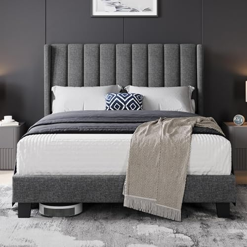 Yaheetech Cama Doble Tapizada 140 x 200cm con Somier de Lamas con Cabecero Rayado Moderno Estructura de Madera y Metal Marco de Cama para Adultos 2 Personas Gris Oscuro