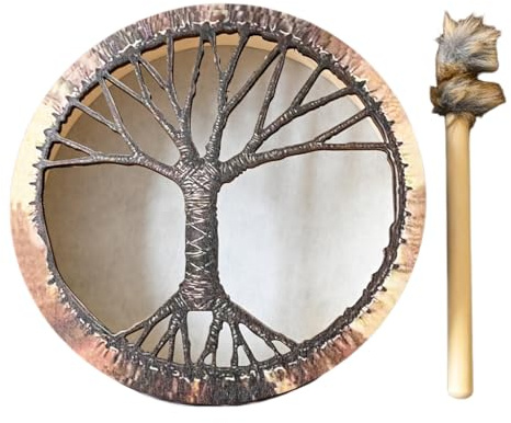 Shaman Drum, Round Hand Drum, Handmade Shaman Drum, Decorative Design Hand Drum, Spiritual Instrument Shaman Drum, Tree of Life Sound Healing Tool with Drum Sticks, For Music Lovers