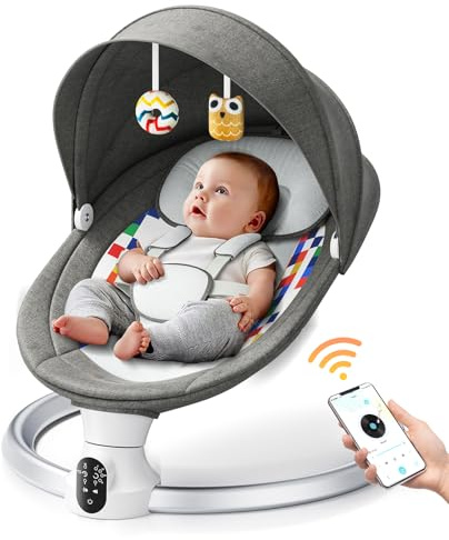 Helangel Mecedora Electrica Hamaca de Bebé Eléctrica con Mando a Distancia y Conexión Inalámbrica Mecedora Bebe con Arnés de Seguridad de 5 Puntos para Niños Hasta 9 kg 5 Velocidades de Balance
