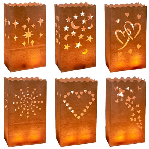 AHANDMAKER 6 Styles White Luminary Bags 30 pcs Christmas Luminary Candle Bags Firework Heart Butterflies, Stars Moon for Christmas Halloween Wedding New Year Party Decor