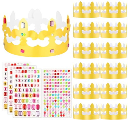 BOOMTOP 12pz Corona di Carta per Feste Corone Dorate di Carta per Bambini con 4 Fogli Strass Diamanti Adesivi Corona di Carta per Decorazione Celebrazione Compleanno Foto Befana Feste