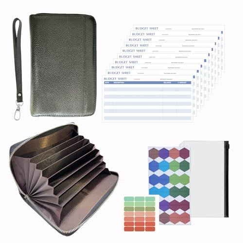 Budget Geldbörse,Budget-Planer,Cash Stuffing Savings Challenge,RFID-Schutz, Cash Umschlag Geldbörse, All in One Budget-System mit 12 Budget-Blätter,Kategorie Label und Handgelenk 19cm*13cm (Schwarz)