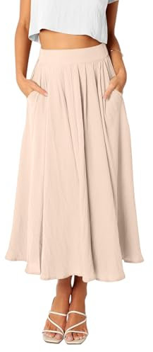 REORIA Damen Maxi Faltenrock Hohe Taille A-Linien Rock Midiröcke Eleganter Langer Rock mit elastischem Bund und Taschen Beige M