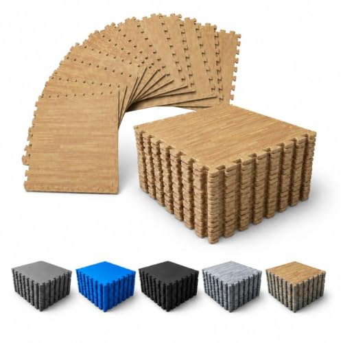 Pack Suelo Tatami – Esterilla Gimnasio Puzzle | Protege, Acolcha, Aísla y Decora | para Casa, Fitness o Piscina | Goma Eva Suave y Antideslizante | Libre de BPA | 4 Imitación Parquet