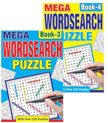 Sixstore A5 Mega Wordsearch Books Set of 2, Word Search Brain Teaser Travel Puzzle Book