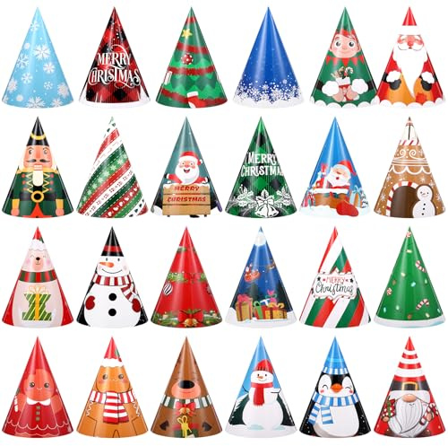 Harrycle 24 Pcs Christmas Party Hats Paper Xmas Tree Reindeer Santa Snowman Elf Cone Hat Christmas Photo Props Party Favors (Cute Style)