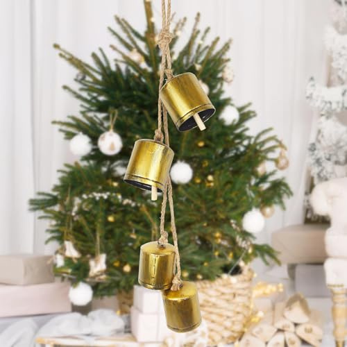 CEWUDA 4 Pcs Christmas Bells for Decoration Campane di Natale Oro Vintage Campanelle Natalizie Appesi Campanacci per Mucche Rustiche con Corda per Albero di Natale Ringhiera per Scale Porte Giardino