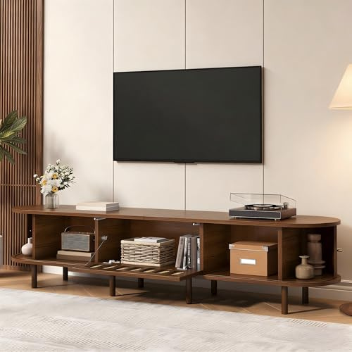 Moimhear Soporte de TV ovalado en nogal oscuro, diseño de ratán - Diseño de MDF, un diseño de puerta de persiana. tableros bajos, incluye un armario con puerta abatible, 180 x 40 x 40 cm