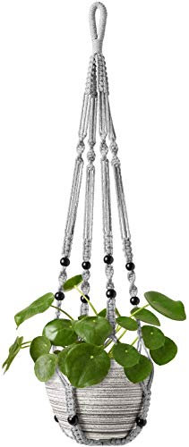 Mkouo Macrame Plant Hangers Indoor Hanging Planter Basket with Wood Beads Decorative Flower Pot Holder No Tassels for Indoor Outdoor Home Decor 89cm, Grey