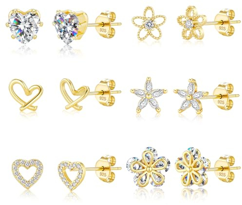 ALEXCRAFT Small Gold Stud Earrings 6 Pairs Cute Stud Earrings for Women Cubic Zirconia Earring Studs 14k Gold Plated Heart Earing for Women Hypoallergenic Pack