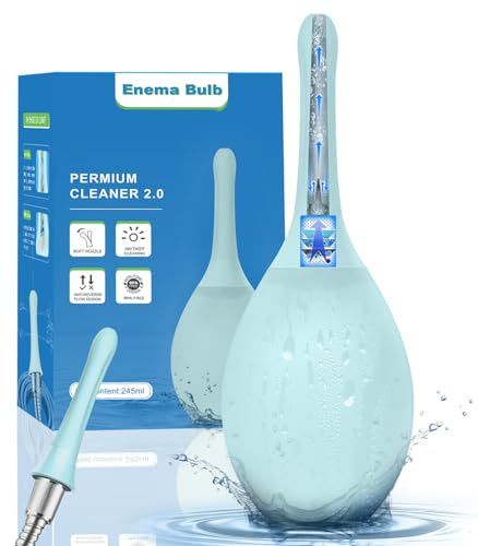Enema Bulb Anal Douche Kit - with Shower Connect, 245ml Silicone Enema for Personal Hygiene & Refreshing Rinse, Anti-Backflow Valve & 7-Hole Nozzle, Filter Attachment Included (Light Blue)
