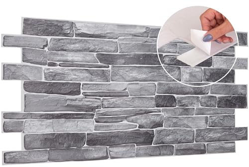 3D Wall Panels Self Adhesive - 4 Sheets Covering 1.84 sqm | 19.84 sqf - PVC Wall Cladding Panels | Stone Cladding Effect | Easy Peel & Stick | Natural Grey Rock Stone Design