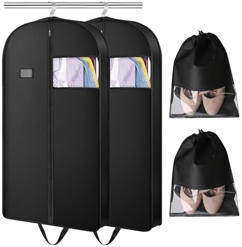TirEurt 2 Stück Kleidersack für die Aufbewahrung, 110 x 60 cm Atmungsaktiver Vliesstoff Lang Kleiderhülle, Staubschutzhaube Faltbarer Reise Kleidersäcke mit Schuhbeutel für Kleider Mäntel Abendkleider