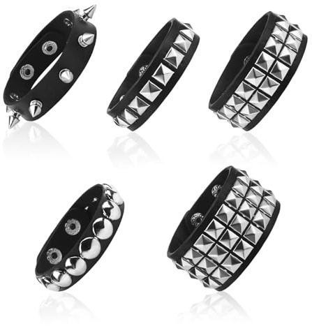 SJUNJIE 5 Bracciali Punk Borchiato Misura Regolabile Nero Gothic Rock Metallo Adatto per Halloween Feste in Maschera Spettacoli di Gruppo