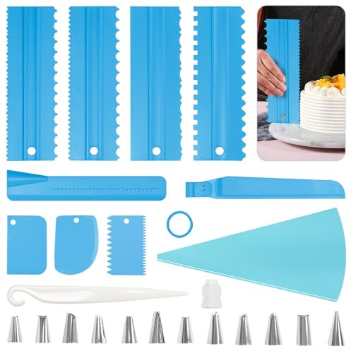 Prebarfun 23 Pcs Grattoir à Gâteau Kit, Lisseur Gateau Patisserie, Réglable Gâteau Plus Lisse avec Poche a Douille Patisserie et Poche a Douille, Spatules à Gâteau Décoration pour Outils de Cuisson