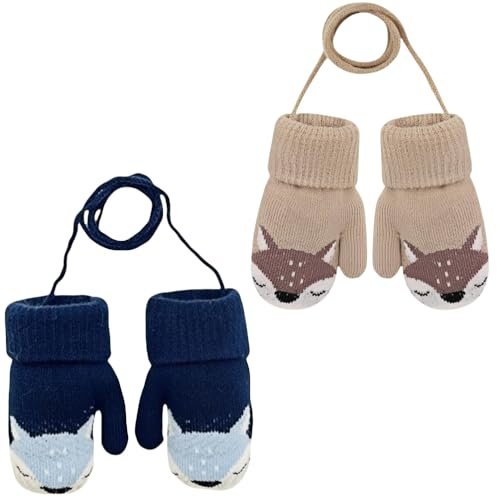 SDXCJY 2 paires de gants tricotés pour enfants, mitaines pour enfants avec cordon pour tout-petit, mitaines d'hiver tricotées, gants en polaire chauds pour enfants de 0 à 3 ans, 2 paires., 14*9