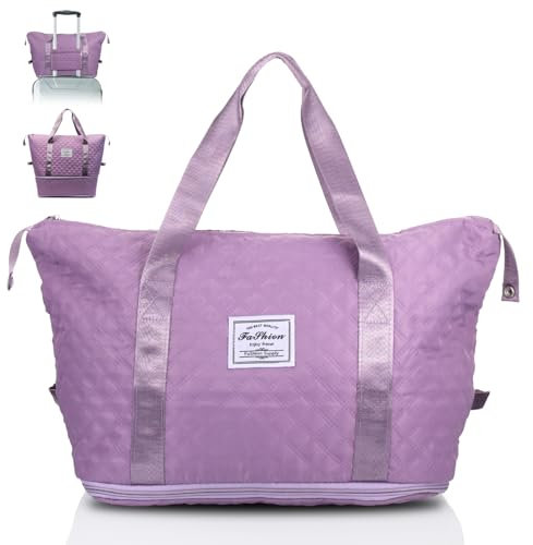 Sporttasche Damen, Erweiterbar Reisetasche mit Nass-/Trockentrennung, wasserdichte Weekender Damen Handgepäck Tasche, Fitness Tasche, Faltbare Reisetasche für Gym Reisen Schwimmen, Lila