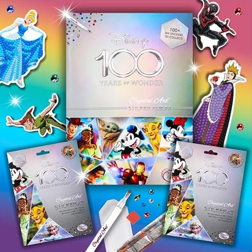Disney D100 Crystal Art Sticker Album Starter Pack, Includes 3X Sparkling Stickers, Collectible Album & Tools, DIY Diamond Art Kit for Kids & Adults, 30x21cm