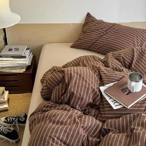 Lanqinglv Ropa de cama de 200 x 220 cm marrón a rayas de microfibra, juego de ropa de cama con certificado Öko-Tex, funda nórdica con cremallera y 2 fundas de almohada de 80 x 80 cm