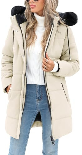 Tuopuda Chaqueta Mujer Invierno Impermeable Parka Abrigo Forro Polar Viento Gruesa Cordón Capucha Desmontable Faux Fur Caliente Cazadora Cálido Prueba Frio Chamarra Jacket, Beige, M