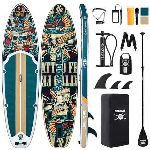 SKADDLES 10’6’’ Portable Inflatable Stand Up Paddle Board (SUP) for Adults and Youth with Non-Slip Deck – Complete Accessories Kit, Perfect for Fishing, Yoga, Fitness & Family Fun (Retro Skullz)
