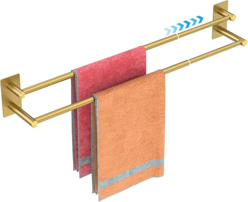 Porte-serviettes sans perçage SUS304 en acier inoxydable - Extensible - Double - 40 à 75 cm - Pour salle de bain, paroi de douche, cuisine - Doré