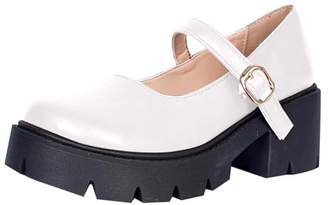 Momolaa New UK 4 Women's Chunky Platform Mary Janes Shoes Retro Buckle Strap Fashion Loafers Lug Sole Slip On Round Toe Mid Heel Chunky Pumps for Uniform Graduation School Party Gift Footwear Beige