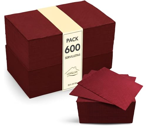 Servilletas Cocktail Desechables, Pack de 600 unidades 10x10 cm plegadas, Servilletas papel de Micropunto modernas y rústicas para tus Ocasiones Especiales 20x20 abiertas - LAN&LAN (Burdeos)