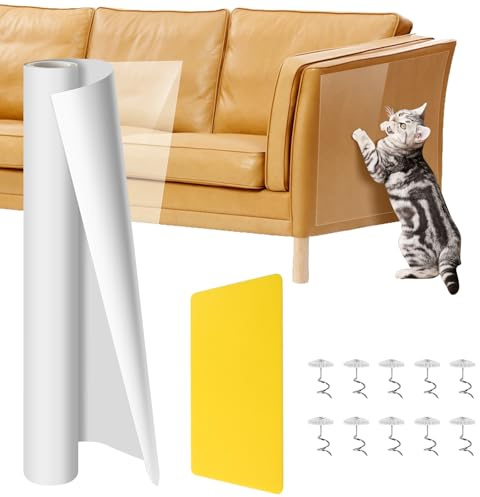 Cat Anti Scratch Tape, 40cm x 5m Sofa Protectors from Pets Plastic with 10 Upholstery Pins and Scraper, Clear Furniture Protector, Self-Adhesive Cat Scratch Sticky Paws Tape for Couch, Carpet, Doors