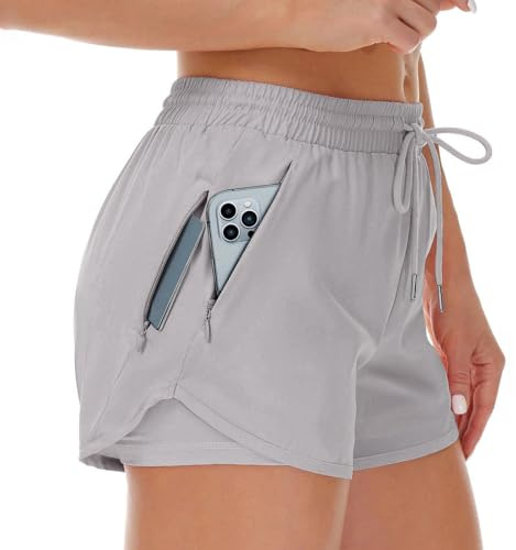 Cheerful Mario Verano Pantalones Cortos Mujeres para Deportivo Corriendo 2 en 1 Antirozaduras Muslos con Bolsillo Cremallera Gris M