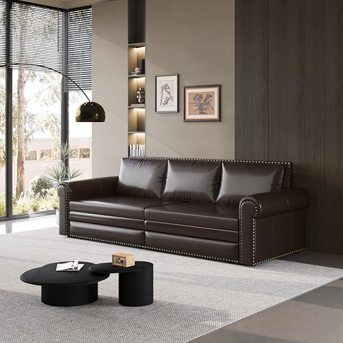 Eafurn 93.7 King Size Pull Out Sofa Bed, 3-in-1 Convertible Sleeper Sofa Couch Bed with Nailhead Decor and Rolled Arms, Faux Leather Oversized Chesterfield Loveseat Chaise Lounge