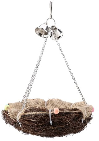 MBGAJTXCB Altalena Nido di Uccelli in Rattan, Giocattolo per Uccelli da Appendere con Tre Campane a Catena, Materiale in Rattan in Erba Naturale per Pappagalli Calopsite, Pappagallini,
