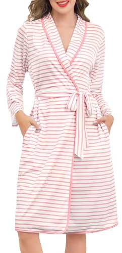 Vlazom Peignoir Femme en Coton Long à Rayures Léger et Confortable avec Ceinture Nouée