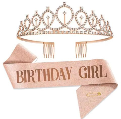 Birthday Girl Tiara and Sash Set - Rose Gold Crystal Crown Glitter Sash for Women and Girls, Birthday Party Decorations, Birthday Gifts, Party Supplies Accessories