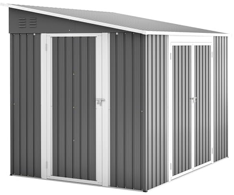 Casetta per attrezzi zincata, 1,8 x 2,4 m, per esterni, con telaio a pavimento, tetto inclinato e doppia finestra, armadietto da giardino chiudibile per attrezzi e biciclette (grigio, 1,8 x 2,4 m)