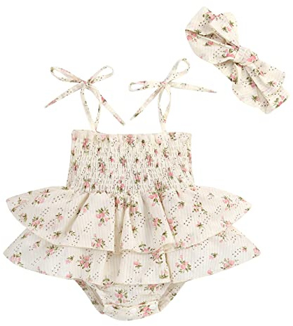 Nsywmzy Baby Girls' Clothing Infant Rompers 0-24M Cotton Ruffle Sleeveless Bodysuit Jumpsuit With Headband Summer Outfit (Beige, 12-18 Months)