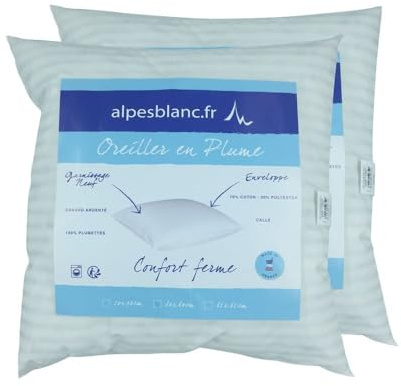 Alpes Blanc Lot de 2 oreillers 100% plumettes Fabrication française – Accueil Moelleux & Soutien mi-Ferme – Traitement antiacarien