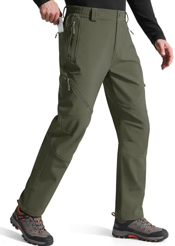FREE SOLDIER Men's Fleece Lined Outdoor Cargo Hiking Pants Water Repellent Softshell Snow Ski Pants with Zipper Pockets (Army Green 34W x 32L)