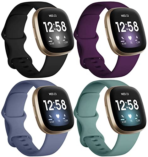 Dirrelo Bands Compatible with Fitbit Sense/Versa 3 / Versa 4 / Sense 2, Soft TPU Sport Strap Band, Replacement Wristband for Women Men, 4Pack Small, Black Modena Bluegrey Pinegreen