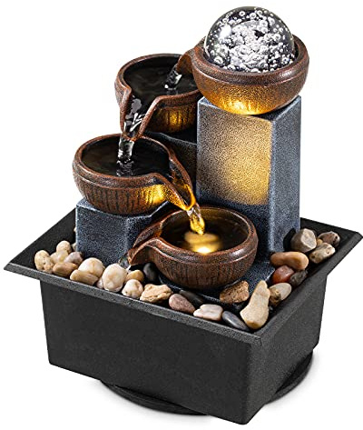 Tabletop Fountain 4 Level Tabletop Waterfall Indoor Meditation Fountain Office Home Relax Desktop Waterfall Includes Many Natural River Rocks LED Lights Bubble Ball Great Choice as Festival Gifts