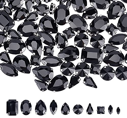 CHGCRAFT 100 Stück 10 Stil Strasssteine zum Aufnähen Glas Strasssteine Metall Back Prong Einstellung Nähen Klaue Strass für Kostüm, Kleidung, Kleidung, Kleid, Ohrring, Gürtel und Schuhe Schwarz