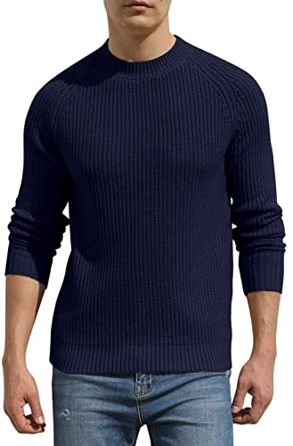 Hisir Pull d'hiver en laine tricotée à col rond raglan à manches longues doux et chaud pour homme, 04 Bleu marine, XXL