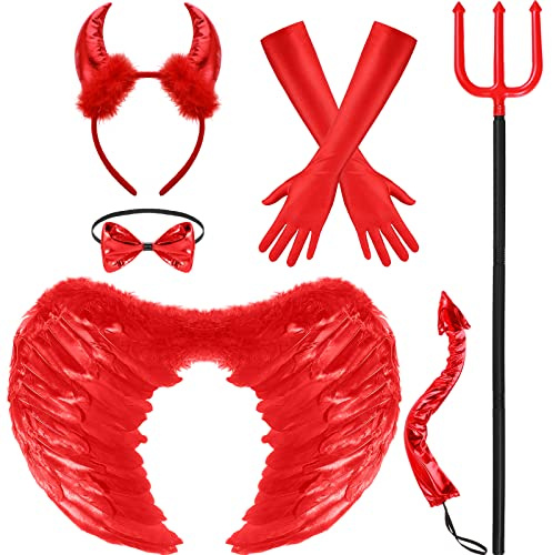 Hillban 6 Pcs Halloween Red Demon Costume for Women Set Include Sequin Red Horns Headband Tail Bowtie Wings Long Gloves Fork Demon Costume for Women Men Accessories Cosplay