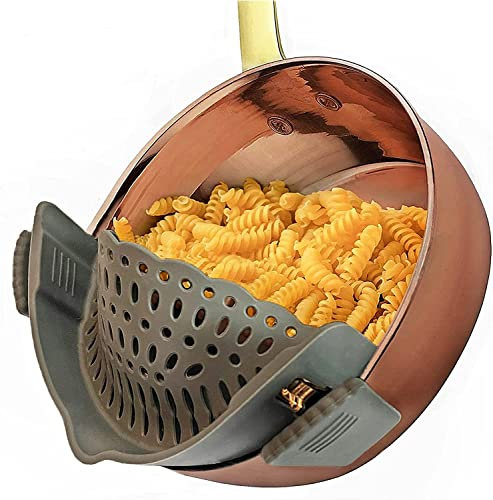 Schnappsieb aus Silikon Nudelsieb Aufsatz Clip on Sieb für Töpfe Pfanne Nudelsieb Küchensieb 22x8x6 cm (Grau)